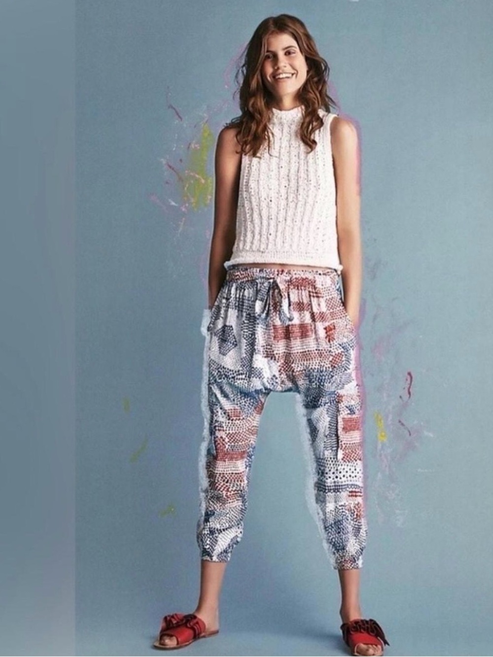 Anthropologie Cropped Printed Harem Joggers in White, Blue & Red